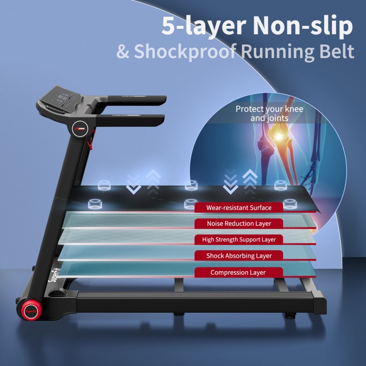 Folding treadmill showcasing the 5-layer shockproof running belt and LCD display for home workouts.