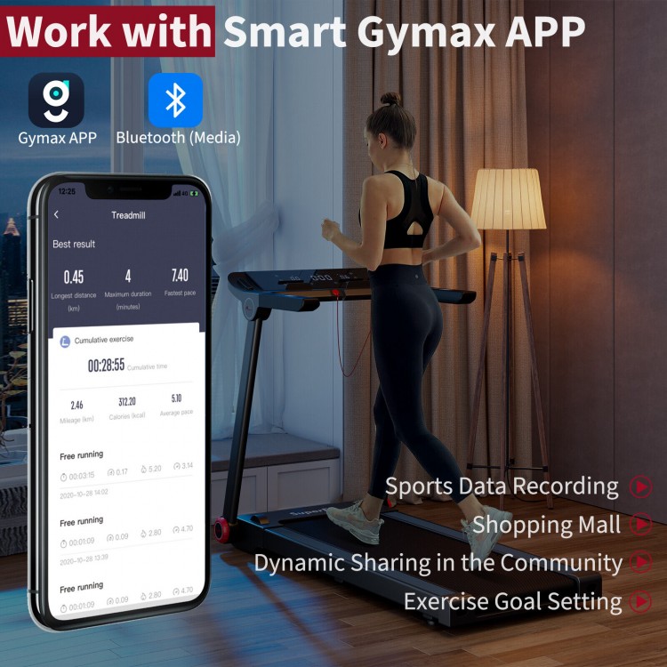 Folding treadmill with 3.75HP motor and LCD display, featuring Bluetooth connectivity and 12 preset programs for home.