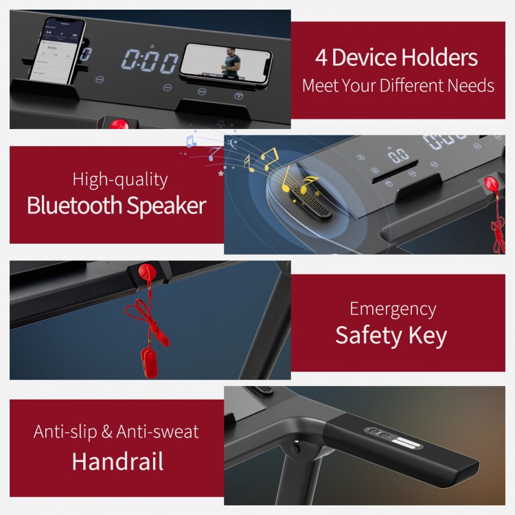Close-up of the folding treadmill's Bluetooth speaker and device holders, featuring a sleek design for home workouts.