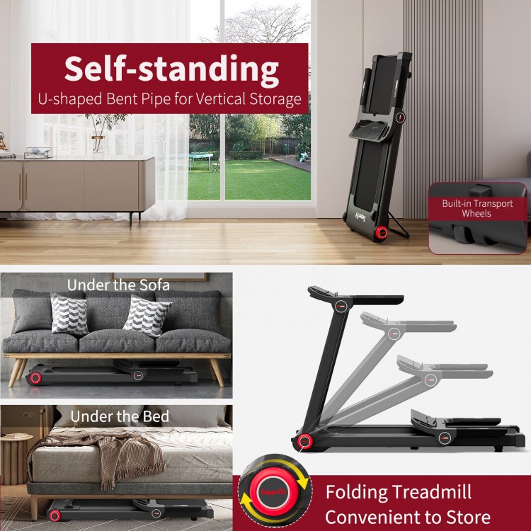 Folding treadmill with U-shaped base, 3.75HP motor, and LCD display, ideal for home workouts and easy storage.