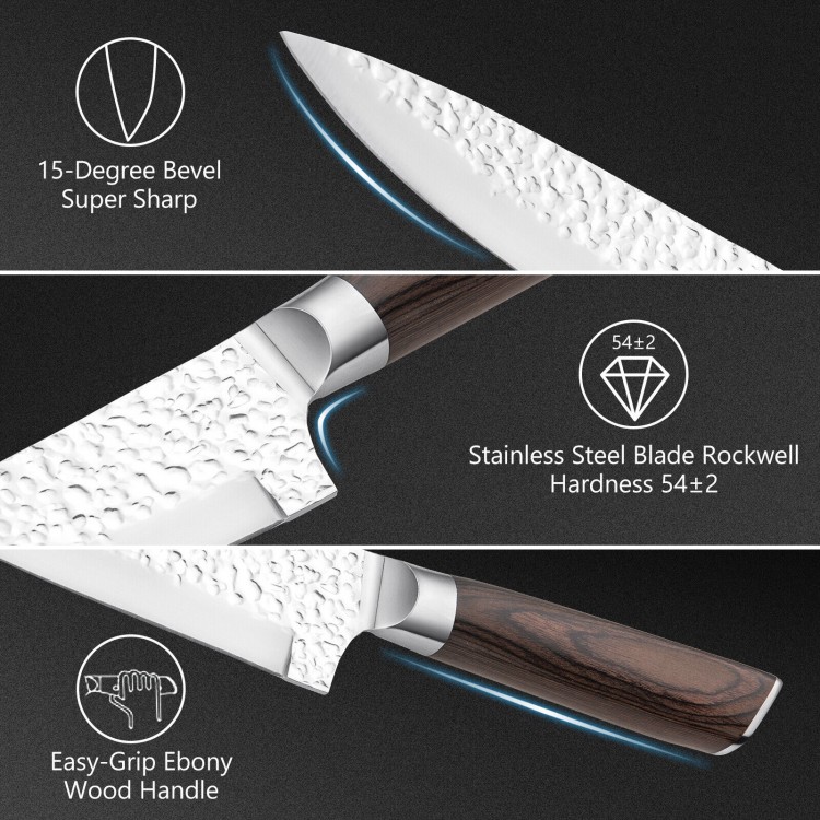 Close-up of the stainless steel blade with hammered finish and ergonomic ebony wood handle for the knife set.