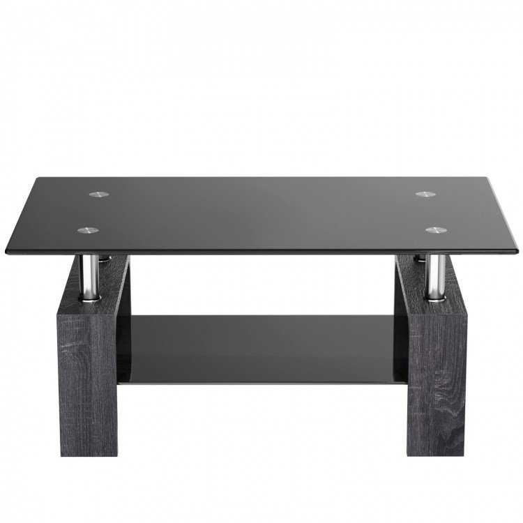 Rectangular gray coffee table with tempered glass top and shelf, featuring stainless steel bars for durability and.