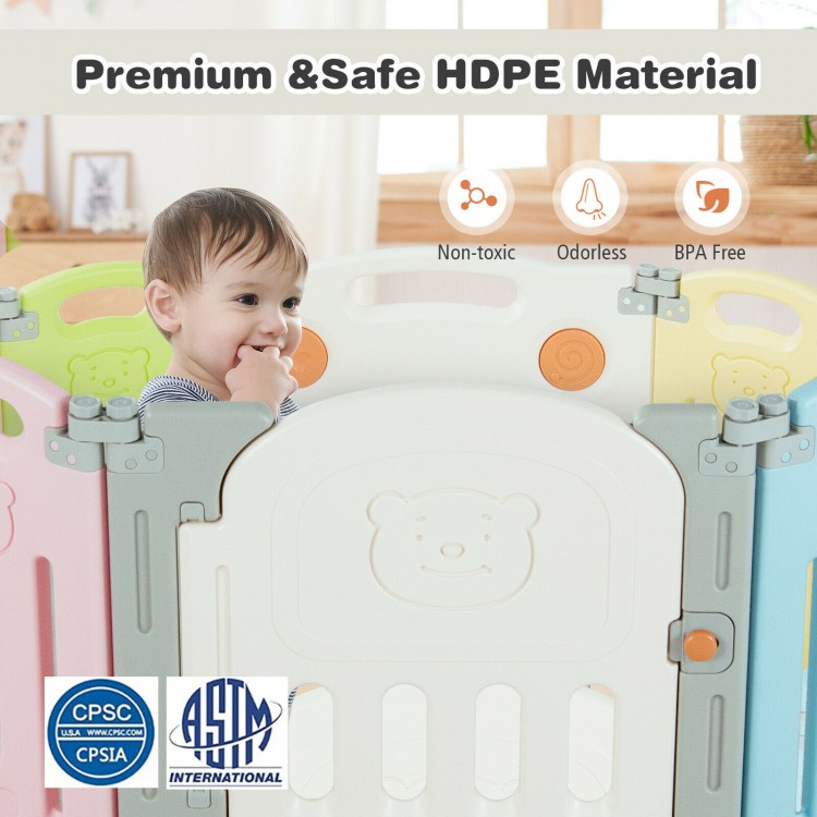 Foldable 14-panel baby playpen in multicolor, made of safe HDPE material, featuring a safety lock and non-slip rubber.