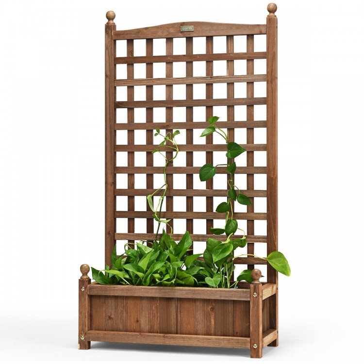 Wood planter box with trellis, featuring a spacious design for planting and supporting climbing plants in outdoor.