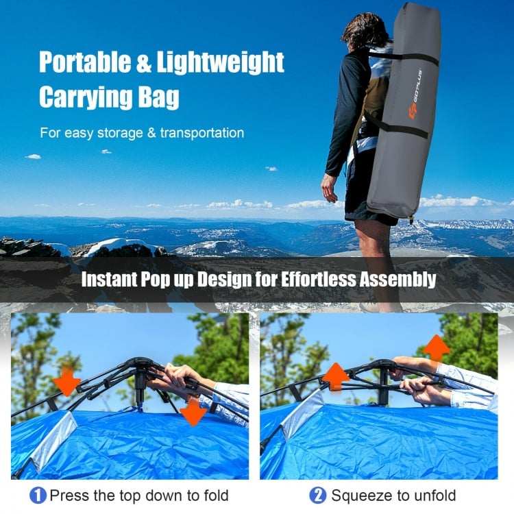 Portable 2-in-1 blue camping tent with instant pop-up design, suitable for 4 persons, ideal for outdoor adventures.