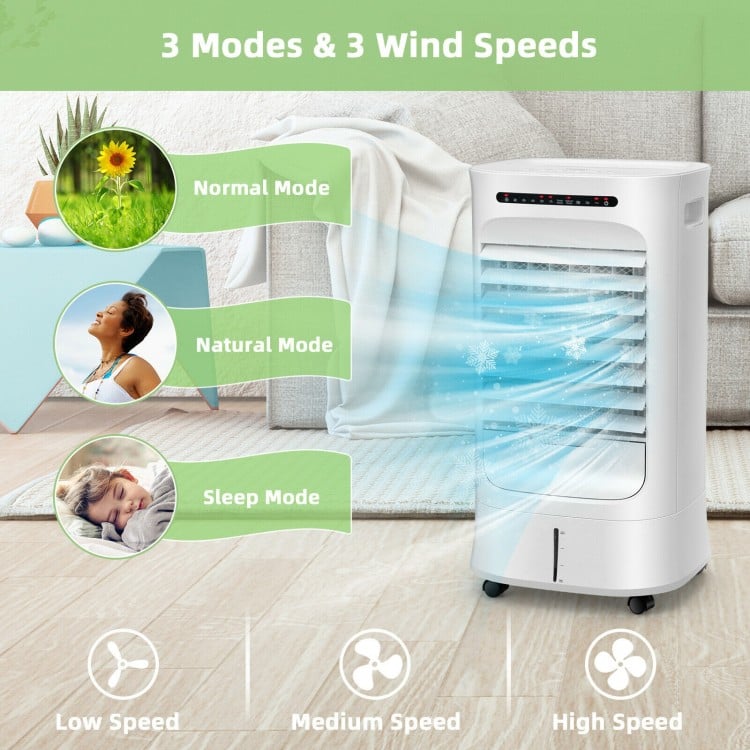 Portable evaporative air cooler in white with 3 modes, 3 speeds, and a 10L water tank for efficient summer cooling.