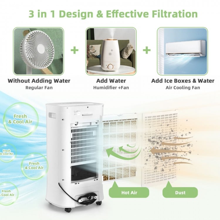 4-in-1 portable evaporative air cooler in white with adjustable oscillation, 3 modes, and a 10L water tank for summer.