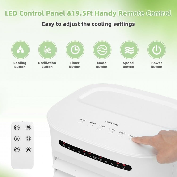 LED control panel and remote for the 4-in-1 portable evaporative air cooler with timer and 3 modes, ideal for summer.