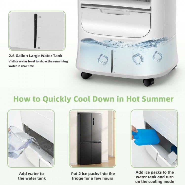 4-in-1 portable evaporative air cooler with 2.6-gallon water tank, adjustable oscillation, and remote control for.