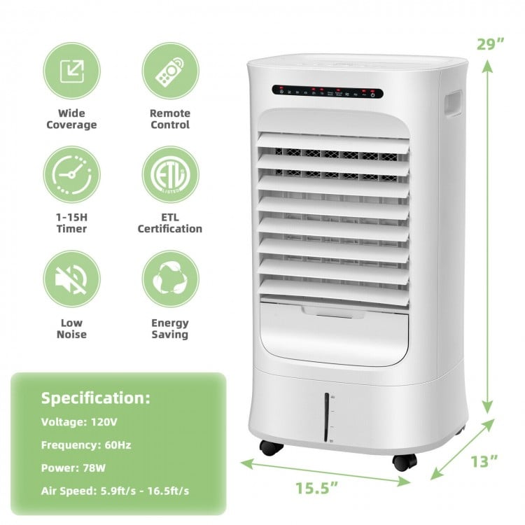 4-in-1 portable evaporative air cooler in white with remote control, 3 modes, and 2.6-gallon water tank for efficient.