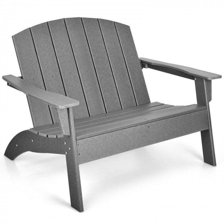 Gray HDPE patio Adirondack chair with wide armrests, designed for outdoor durability and comfortable seating for two.