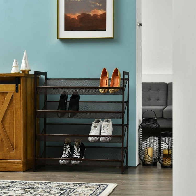 Four-tier metal shoe rack with breathable mesh shelves, ideal for entryway storage of up to 16 pairs of shoes.