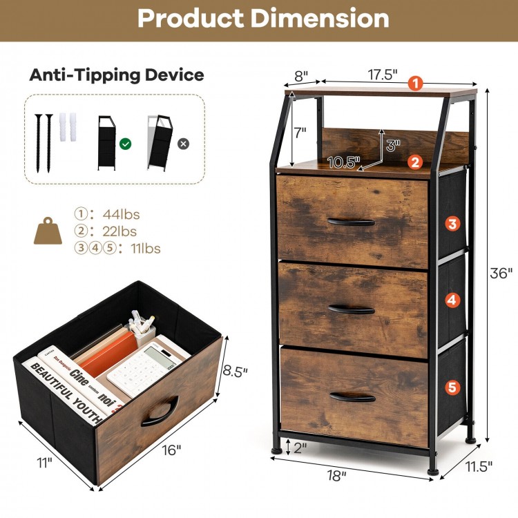 Product dimension chart for freestanding cabinet dresser with wooden top, showcasing size and storage capacity details.