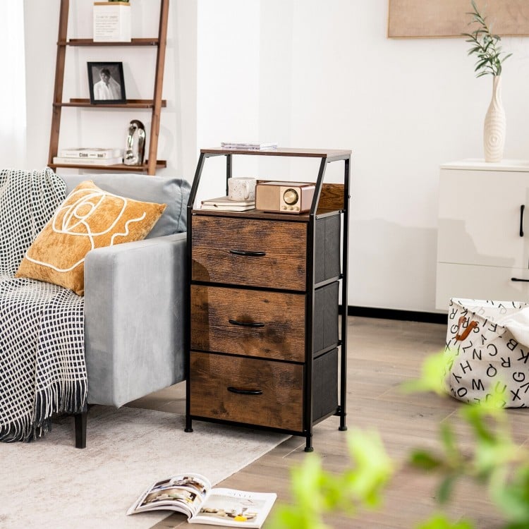 Freestanding cabinet dresser with wooden top, featuring 3 folding drawers and a sturdy steel frame, ideal for versatile.