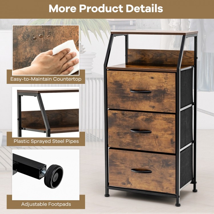 Freestanding cabinet dresser with wooden top, featuring 3 folding drawers and adjustable foot pads for versatile.