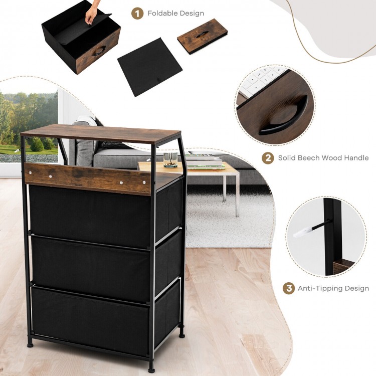 Freestanding cabinet dresser with wooden top, featuring 3 folding drawers and a sturdy steel frame for versatile.