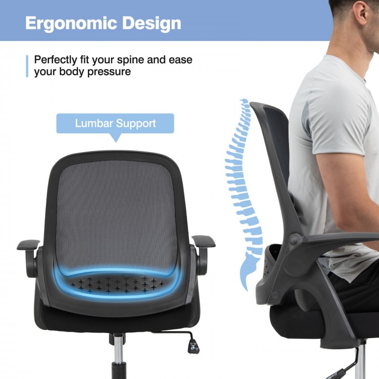 Ergonomic black mesh office chair with lumbar support, adjustable height, and flip-up armrests for comfortable seating.