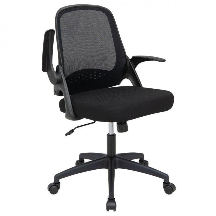 Adjustable black mesh office chair with flip-up armrests, ergonomic backrest, and thick sponge cushion for comfort.
