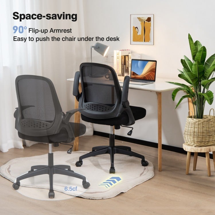 Adjustable black mesh office chair with flip-up armrests, ergonomic backrest, and 360° swivel for versatile workspace.