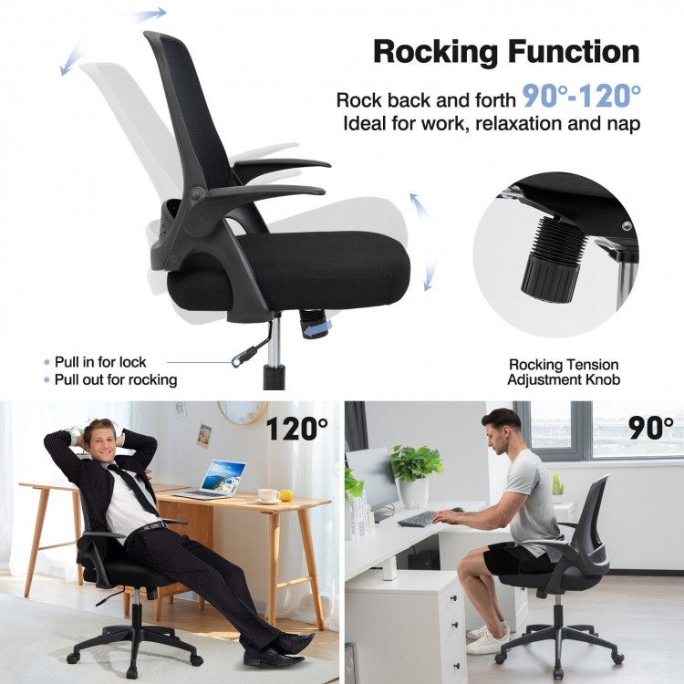 Adjustable mesh office chair with flip-up armrests, ergonomic backrest, and 90°-120° rocking function for comfort.