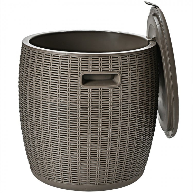 Rattan-style 9.5-gallon patio cool bar with lid, serving as an ice bucket, side table, and storage box for outdoor.