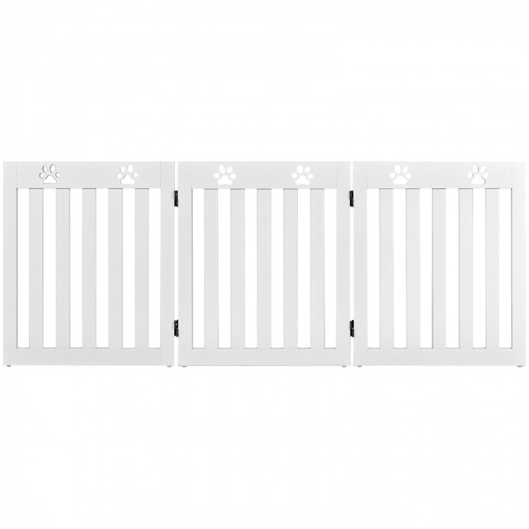 Freestanding 24-inch white wooden dog gate with expandable design and 360° flexible hinges for pet safety.