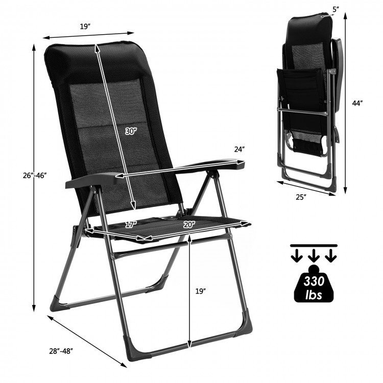 Portable black folding dining chair with adjustable backrest, sturdy iron frame, and headrest for outdoor use.