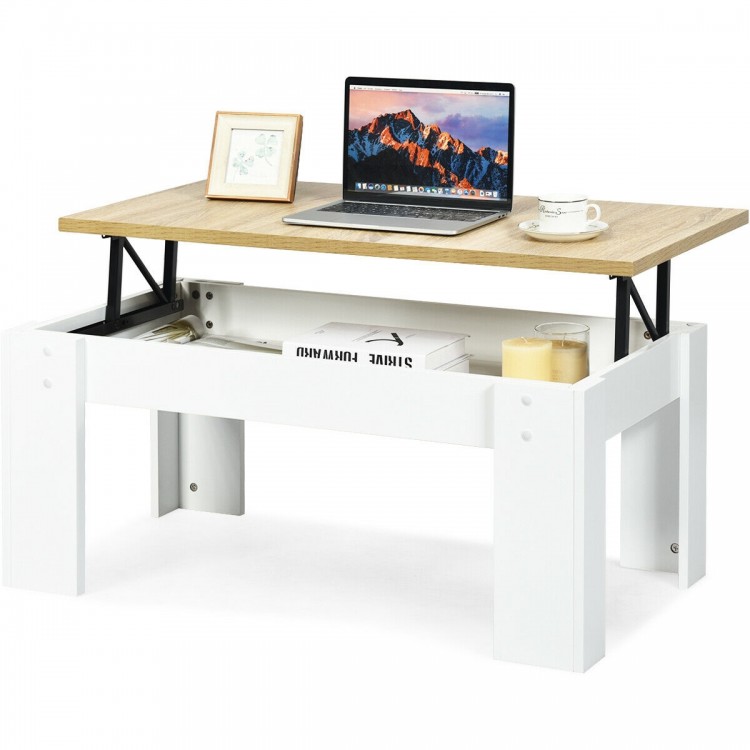 Lift top coffee table in white with a wooden surface, featuring a hidden storage compartment for versatile use.