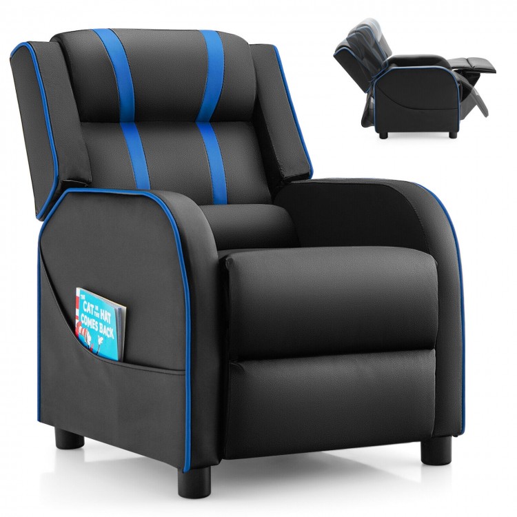 Kids recliner chair in blue with adjustable backrest, footrest, and side pockets for storage, perfect for relaxation.