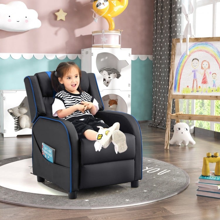 Kids recliner chair in blue, showing a child comfortably seated, featuring a cozy footrest and side pockets for toys.