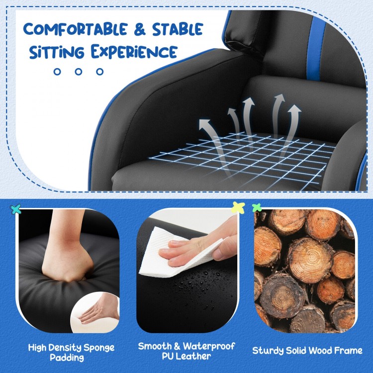 Kids recliner chair in blue with adjustable backrest, high-density sponge padding, and side pockets for storage.