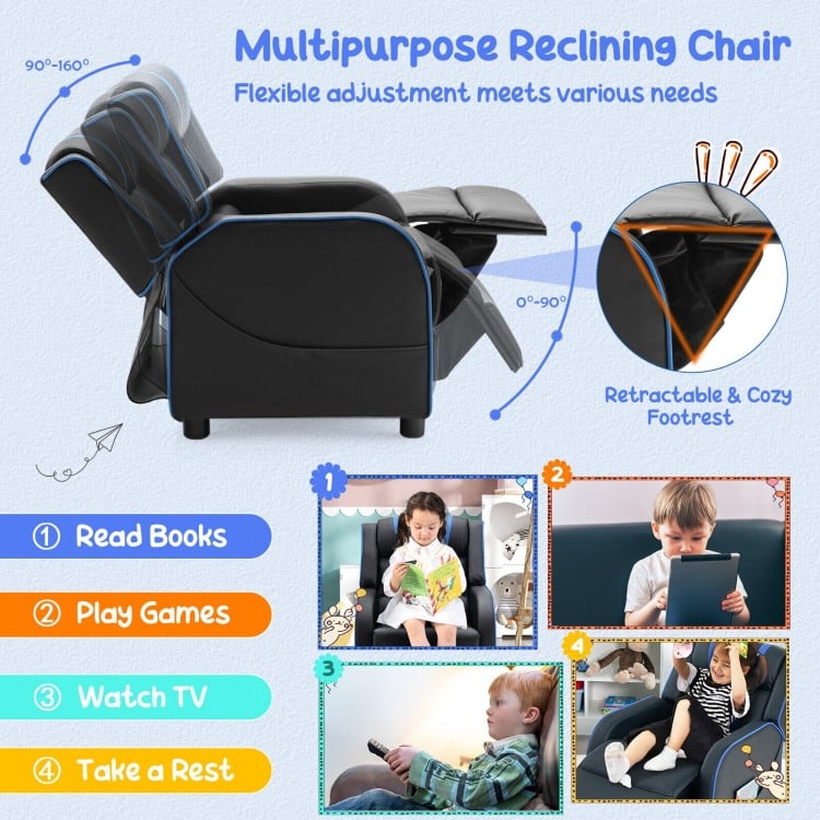 Kids recliner chair in blue with adjustable backrest and footrest, featuring side pockets for books and snacks.