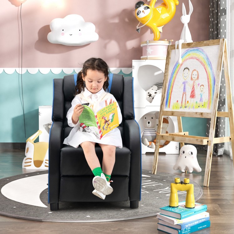 Kids recliner chair in blue with a cozy footrest and cushioned armrests, perfect for reading and relaxing.