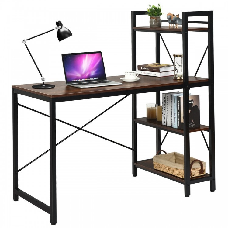 Side view of the tan 47.5-inch writing desk showcasing the 4-tier shelves and sturdy X-shape iron frame for enhanced.