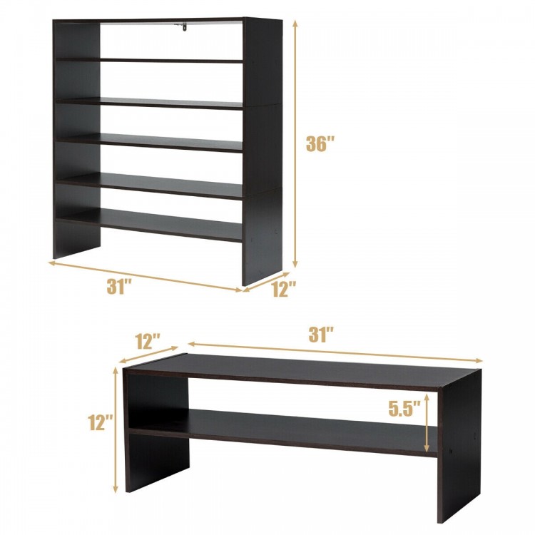 Multi-shape shoe rack in brown with dimensions 31x12x36 inches, perfect for versatile shoe storage and display.