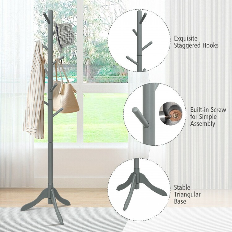 Adjustable gray wooden coat rack with 8 staggered hooks and a stable triangular base, perfect for home or office.