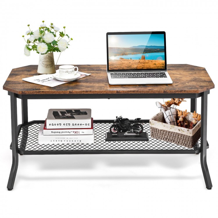 Rustic brown 2-tier industrial coffee table with octagonal top and metal mesh shelf for living room storage.