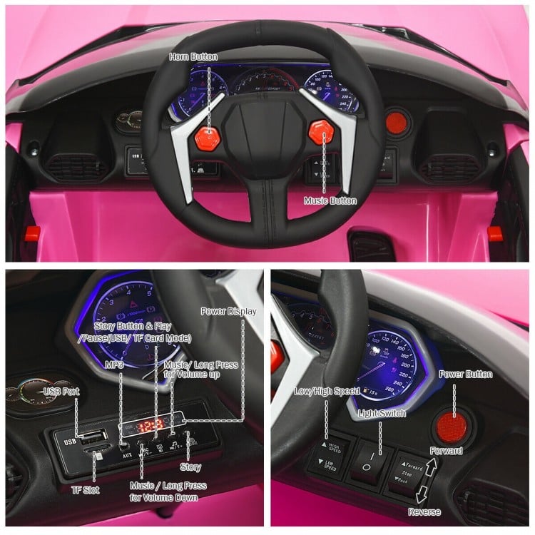 Close-up of the control panel for the 12V pink RC electric vehicle, featuring buttons for speed, music, and lights.