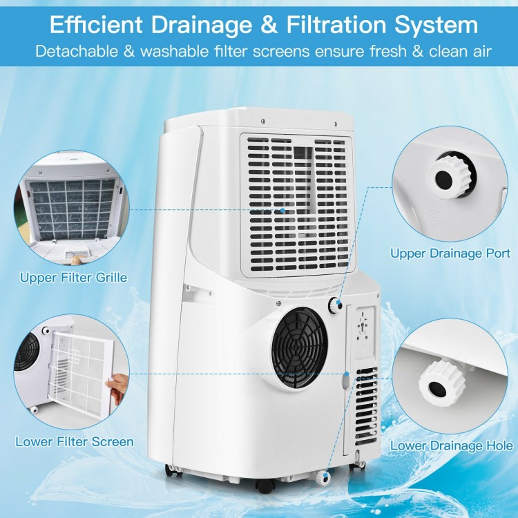 Close-up of the White 9000BTU portable air conditioner showing the upper drainage port and filter screens for clean air.