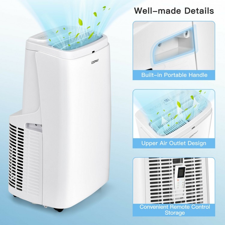 White 9000BTU portable air conditioner with remote, featuring built-in handle and upper air outlet design for easy.