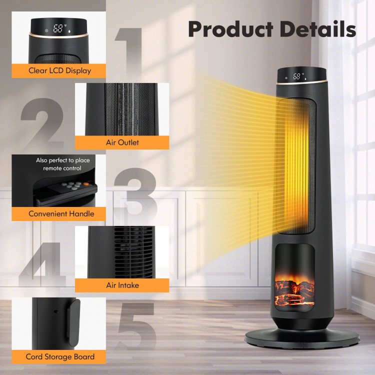 1500W PTC fast heating space heater in black with clear LCD display, oscillation, and realistic flame effect for indoor.