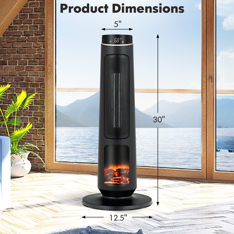 1500W black space heater with 3D flame effect, 30" tall, oscillates 80°, ideal for indoor heating and decoration.