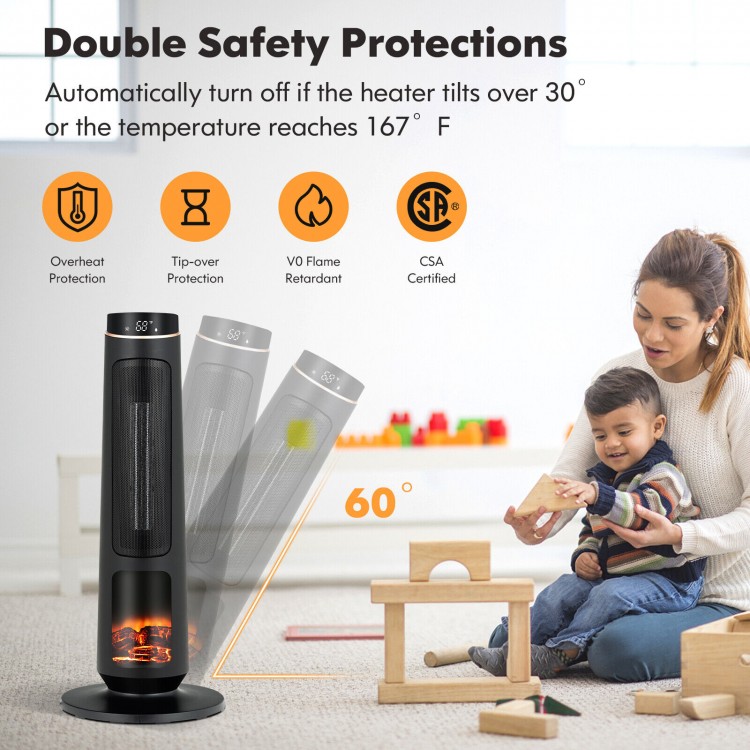 1500W PTC fast heating space heater in black with 3D flame effect, oscillation, and safety features for indoor use.