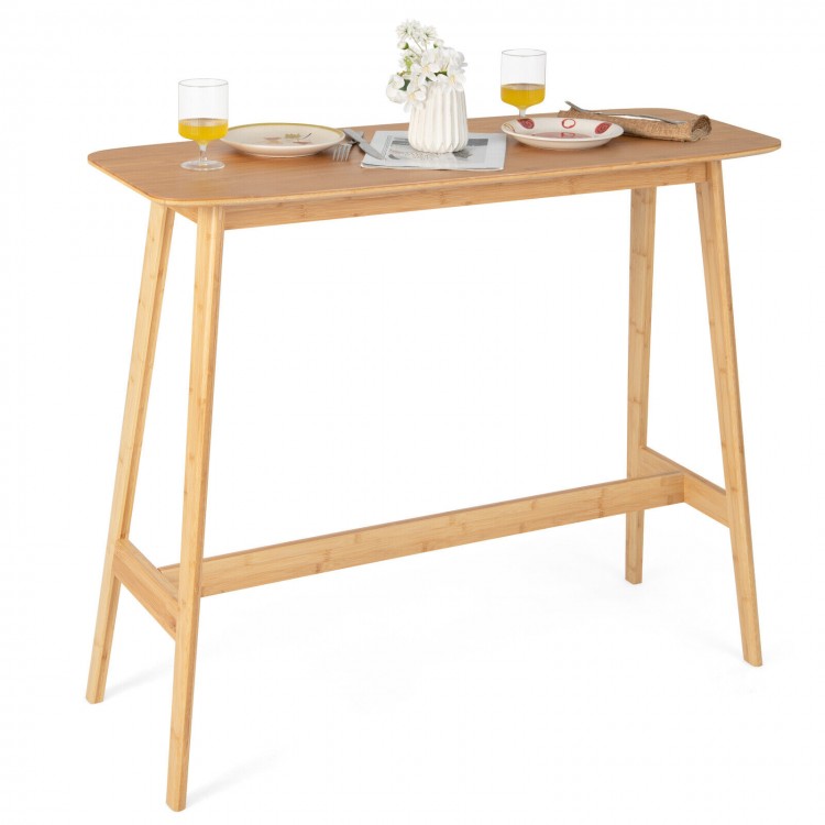 Bamboo bar table with natural finish, 48 inches, featuring rounded corners and cross bars for stability, ideal for.