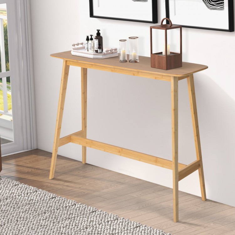 Natural bamboo bar table with rounded corners, suitable for dining or living room use, featuring a waterproof surface.
