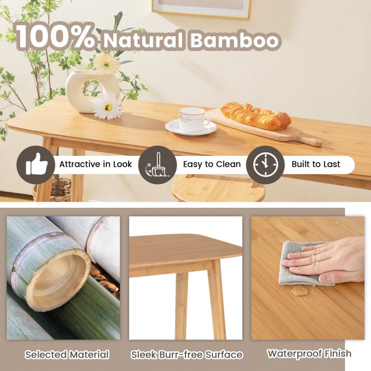 48-inch natural bamboo bar table with a sleek surface, rounded corners, and waterproof finish for easy cleaning.
