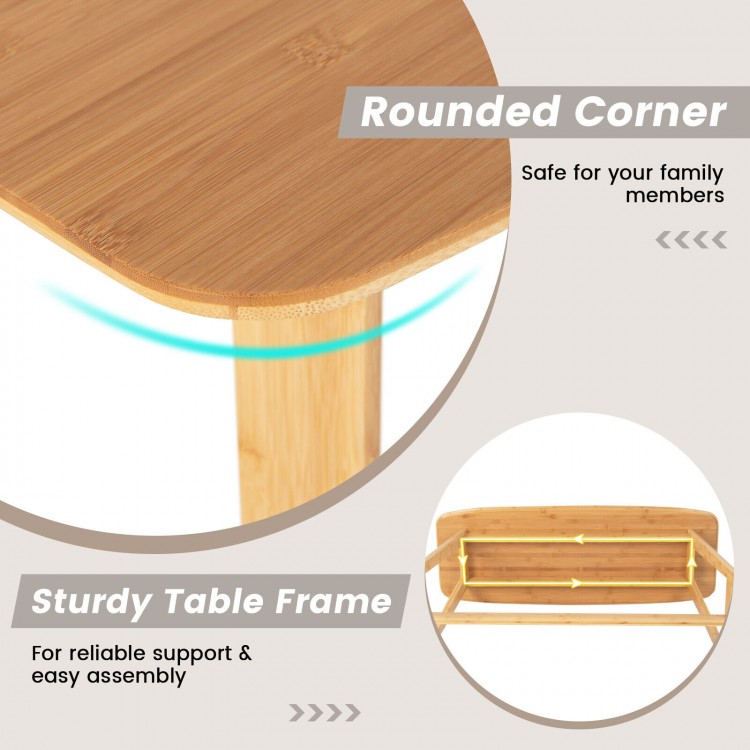 Rounded corner detail of the 48-inch natural bamboo bar table, showcasing sturdy frame and easy assembly features.