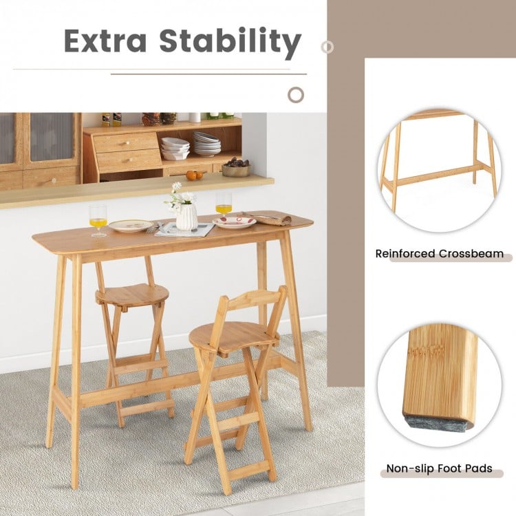 48-inch natural bamboo bar table with reinforced crossbeam and non-slip foot pads, ideal for dining and kitchen use.