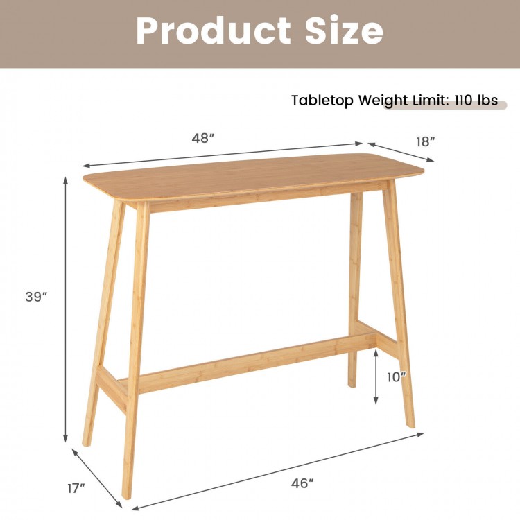 48-inch bamboo bar table with natural finish, showcasing dimensions and sturdy design for dining or living room use.