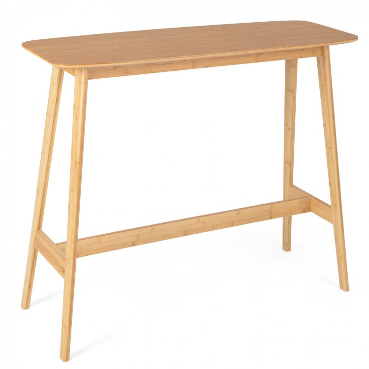 Bamboo bar table with a natural finish, featuring rounded corners and cross bars for stability, ideal for dining or.
